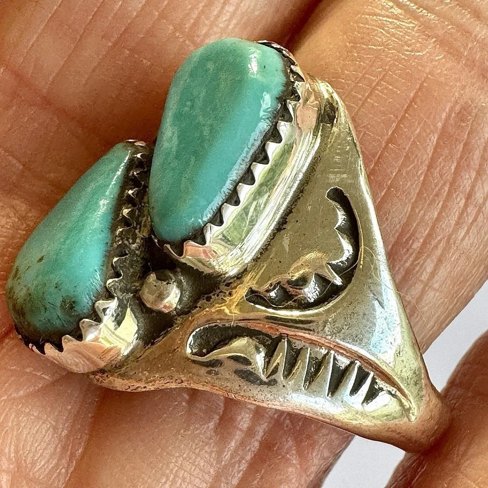 Mens Turquoise Navajo Band Sz 10.5 Two Stone Ring 21mm Signed ML Handmade Native